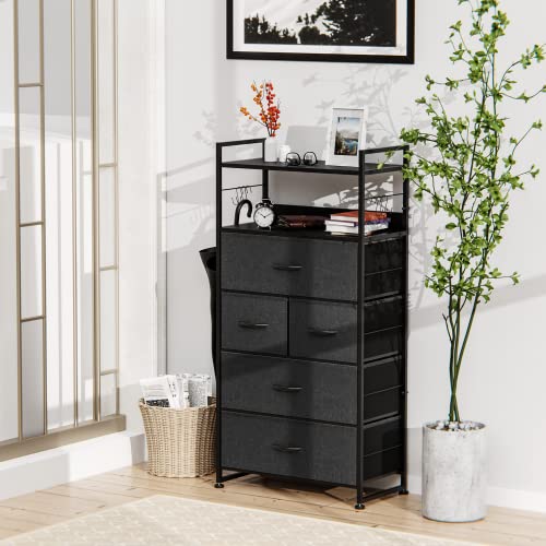 Yafiti Dresser For Bedroom With 5 Drawers, Tall Dressers Chests Of Fabric Drawers For Living Room, Small Space, Nursery, Cationic Drawers And Wood Top (Dark Grey) #TOP4