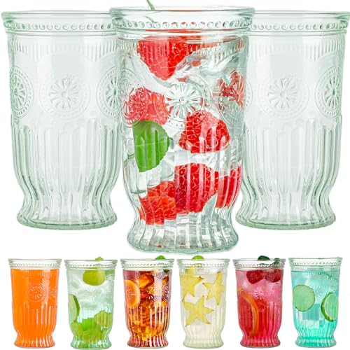 wookgreat Vintage Drinking Glasses, 6 pcs Embossed Designed Highball Glasses, 16oz Glass Cups, Tall Water Glass Tumbler, Mojito Cup, Cocktail Glass, Vintage Glassware Set for Juice, Cocktail, Whiskey