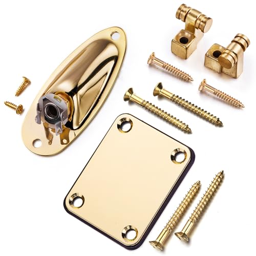 Guitar String Tree Retainer Set Electric Guitar Hardware Metal Guitar Roller String Tree String Retainer + Neck Plate + Loaded Jack Socket Plate with Mounting Screws Replacement Accessories Gold