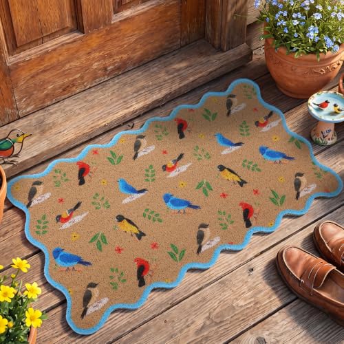Dunzy Birds Doormat Outdoor Colorful Bird Scalloped Welcome Faux Coir Mat