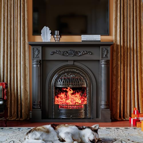 Image of 45 Inch Electric Fireplace with Mantel, Solid Wood Fireplace TV Stand, Roman Column Fireplace Entertainment Center, Electric Fireplace Heater with Black Birdcage Insert for Living Room, Black