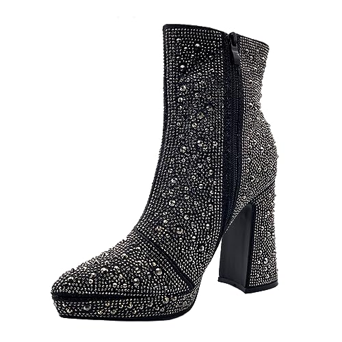 ABSOLEX Women Pointed Toe Rhinestone Platform Ankle High Chunky Block High Heel Bootie3