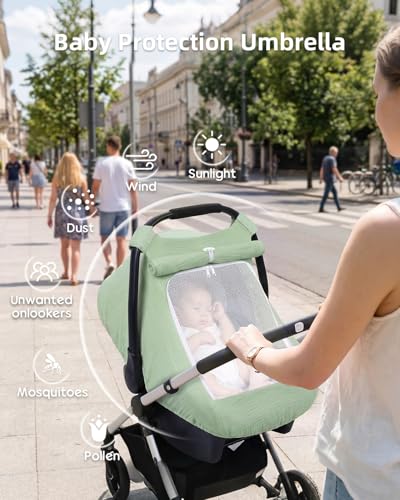 Image of Rquite Car Seat Cover Baby Girl Boy, 100% Muslin Cotton Carseat Covers, Breathable Infant Windproof Canopy with Mesh Window, Stroller Sun Shade for Summer & Hot Day, Sage Green