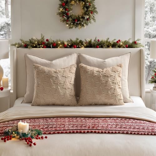 Image of MIULEE Christmas Throw Pillow Covers Light Brown Christmas Decorations Set of 2 Xmas Tree 18x18 Pillow Covers Soft Plush Faux Wool Pillowcases Holiday Festivals Winter Home Decor Sofa Couch Bed Porch