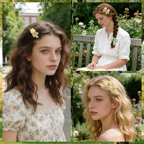 Pinzas para el cabello con moño 3D y flores falsas, 2 piezas miniatura 7