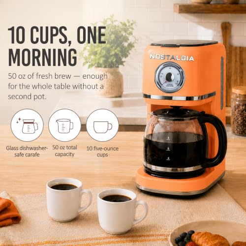 Image of Nostalgia Classic Retro 10 Cup Coffee Maker - One-Touch Drip Brew, Reusable Filter - Anti-Drip, Auto Shutoff, & Time Display - Dishwasher Safe 50 oz Carafe - Orange