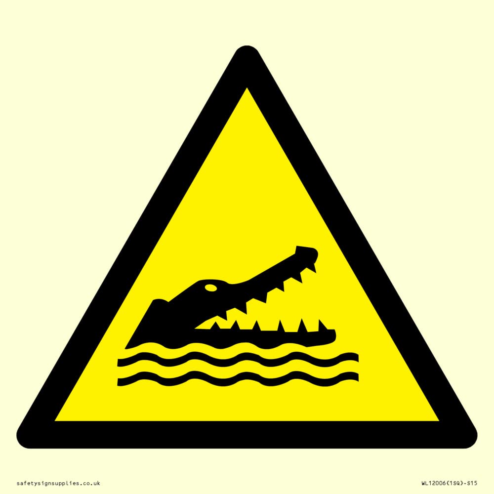 W067 Warning: Crocodiles, alligators or caymans Sign - 150x150mm - S15, Yellow/White