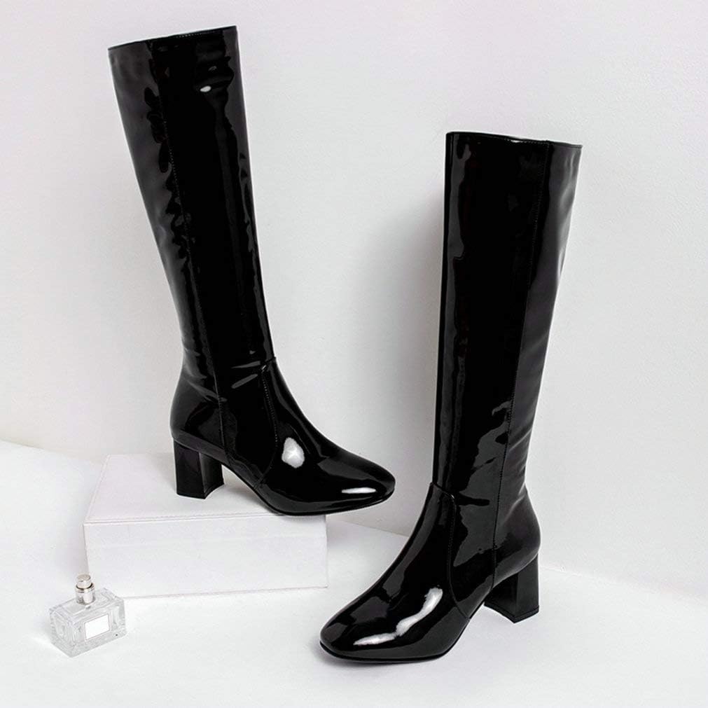 KOKOMOMO Womens Square Toe Patent Knee High Boots Chunky Heel Gogo Boots
