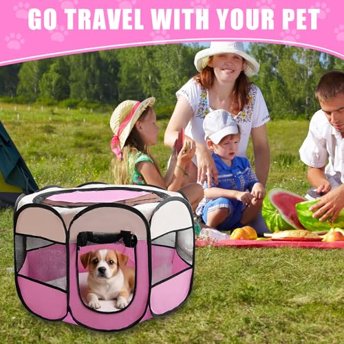 Welpenauslauf Faltbare Hundebox für Zuhause Welpenlaufstall Tragbarer Haustier Hundezaun, Wasserdichtes Oxford-Tuch Laufstall Hund, Katzenkäfig Hundekäfig für Katzen Hunde Kaninchen (Rosa/Beige, S, 8)