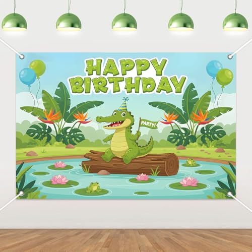SHADOAMP Alligator Happy Birthday Backdrop Banner 5x3ft Vinyl Reptile Animal Crocodile Theme Party Photography Background for Alligator Themed Birthday Party Decorations Supplies