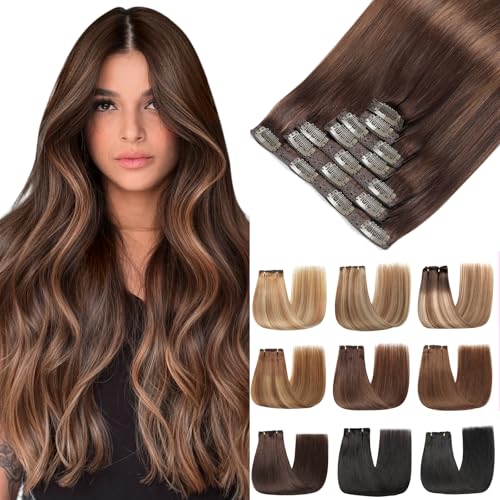 EINbeauty Extensiones Pelo Natural Clip, 7pcs natural Extensiones De Clip De Pelo Natural Castaño oscuro con castaño Human Hair Extension 80g 35cm(14Inch,2/2/6#）