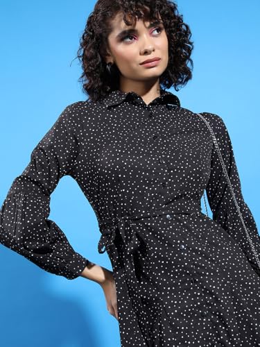 Image of Tokyo Talkies Black & White Polka Dot Printed Cuffed Sleeves Shirt Dress