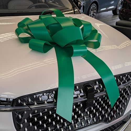 Image of CarBowz Big Car Bow for Car Decorations and Birthday Car Gifts, Large Bow Ribbon, Magnet, Car Safe Sticker Included, Fully Assembled 30 inch Wide Huge Bow, No Suction Cup Needed (Green)