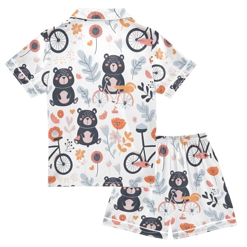 ALAZA Bear Cartoon Flower Floral Pajamas Satin Pajama Set Short Sleeve Button Down Sleepwear2