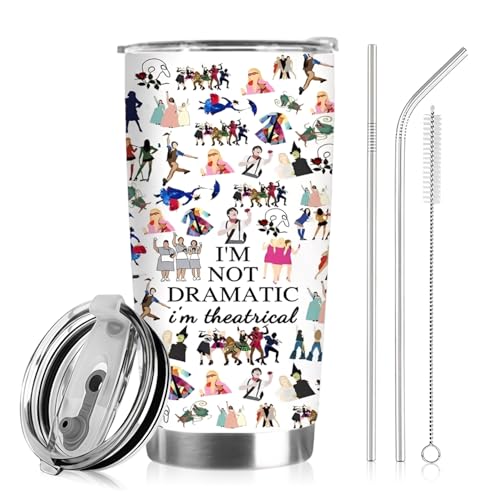 Broadway Musical Travel Cup Stainless Steel Thermal Mug with Push-Button Lid Straw Cap Cleaning Brush and 2 Straw Insulated Mug for Fans Office Home Use Birthday Christmas Musical Theatre Gifts