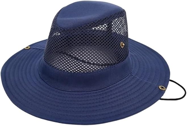 Lacivert Geniş Kenarlı Kovboy Şapkası, Mesh Havalandırmalı, Ayarlanabilir Çene Kordonlu, Outdoor Güneş Koruma