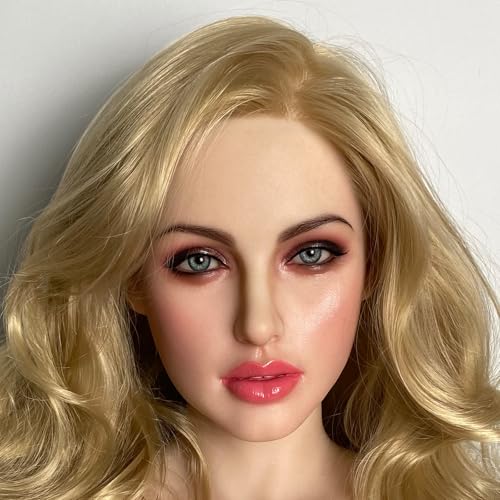 Solid Silicone Doll Head with Golden Long Hair Makeup Doll Head Connection Life-Size Doll Parts Accessories with Light Purple Eyeballs White Color