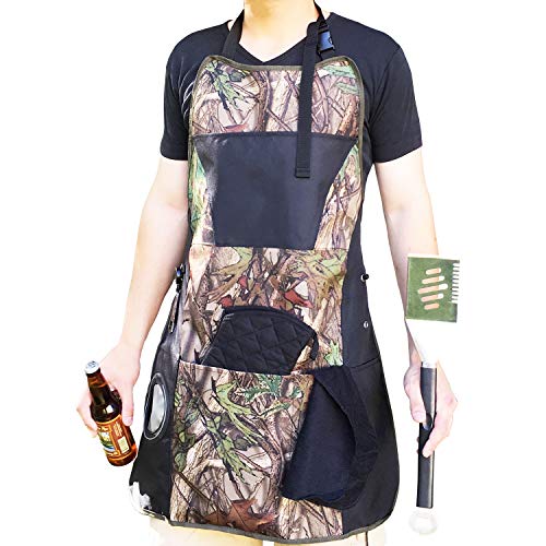 Camo BBQ Aprons for Men with Beer Holder (Insulated) plus Retractable Bottle Opener