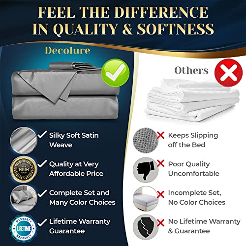 Decolure Satin Sheet Queen Set 4Pcs - Genuine & Luxurious Silk Feel Sheets Queen W/Deep Pocket - Elegant All-Season Satin Silky Soft Queen Size Satin Bed Sheets - Comfy Satin Sheets Set (Stone Grey) #TOP4