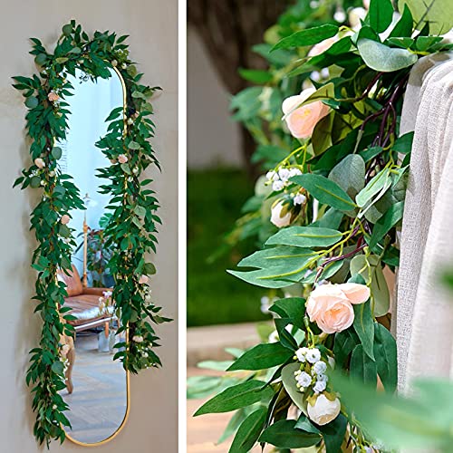 Misspin 2Pcs 5.3Ft Faux Eucalyptus And Willow Vines Twigs Leaves Garland, Handcrafted Garland With Flowers For Wedding Arch Greenery Garland Backdrop Table Runner Wedding Decor (Pink,2) #TOP5