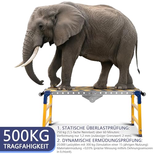 2 in 1 Stabil Arbeitsplattform + Mobiler Schweißtisch mit Antirutsch Klebestreifen, 60-90cm Höhenverstellbar Klappbare Arbeitsbühne Laufbühne Aluminium Gerüst Werkbank Verzinkte, 500 kg Belastbarkeit