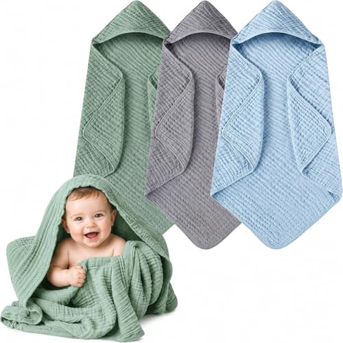 Image of Momsnug 3-Pack Muslin Hooded Baby Towels, 100% Cotton, Ultra-Soft & Absorbent Baby Bath Towels with Hood for Babies, Infant, Toddler and Newbron(35 X 35 Inch) (Green + Grey + Blue)