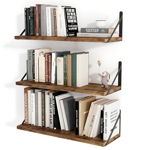 Image of OXMIC Rustic Wood Wall Shelves with Black Metal Brackets, Book Shelf for wall, wall Shelves, wall Book Shelf, 20x6 Inch, Set of 3, for Books and Decor