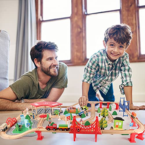 Qilay 140 Pcs Wooden Train Set, Delux Toddler Train Set Railway Kits For Kids, Premium Wood Friendly Building Construction City Train Tracks Toy For 3,4,5 Year Old Boys And Girls #TOP4