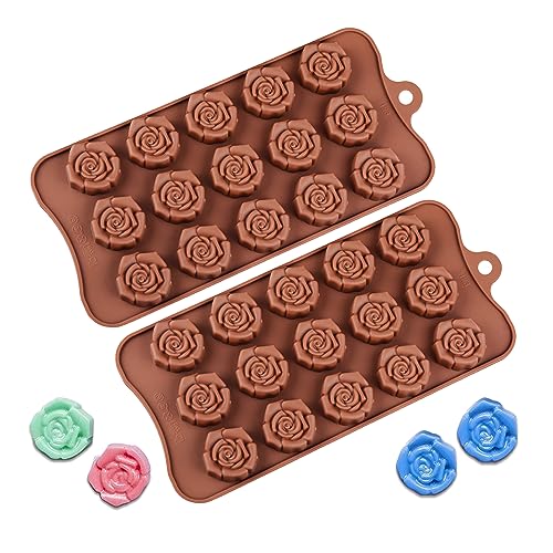 2 pcs Rose Silicone Molds 15-Cavity Mini Flower Shape Silicone Molds Non-Stick Rose Chocolate Candy...
