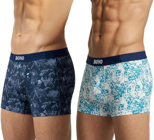 Image of BONO Mens Trunks Pack of 2 Cotton Underwear Breathable Printed Anti-Bacterial Underwear Men Trunk with No Marks Nylon Buffed Stretchable Waistband