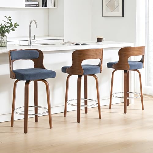 Image of Swivel Bar Stools Set of 3, 26 inch Counter Height Bar Stools, Mid-Century Modern PU Leather Modern Island Chairs with Back and Footrest, for Kitchen, Bar, Restaurant, Cafe, Blue-Gray