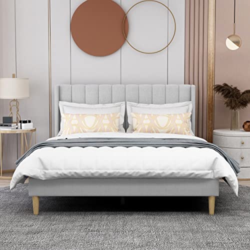 Image of AGARTT Upholstered Platform Bed Frame Queen Size, Light Grey Linen