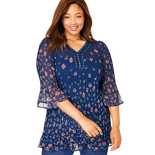 Woman Within Women's Plus Size Embellished Pleated Blouse Shirt - 18/20, Evening Blue Falling Floral Multicolored #TOP14