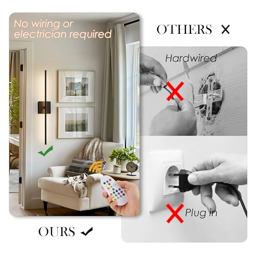 Image of KARTOOSH 32.2 Inch Battery Operated Wall Sconces Wireless Set of 2, Black | RGB Wall Lamps, 3 Color Temps, Remote Control, Dimmable Rotatable, LED Wall Lights for Living Room Bedroom