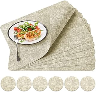 Eucomir Faux Leather Placemats and Coasters Set of 6, Place Mats Anti-Slip Table Mats for Dining Table, Double-sided Table Placemats Waterproof Washable, 42 x 28 cm (Beige)