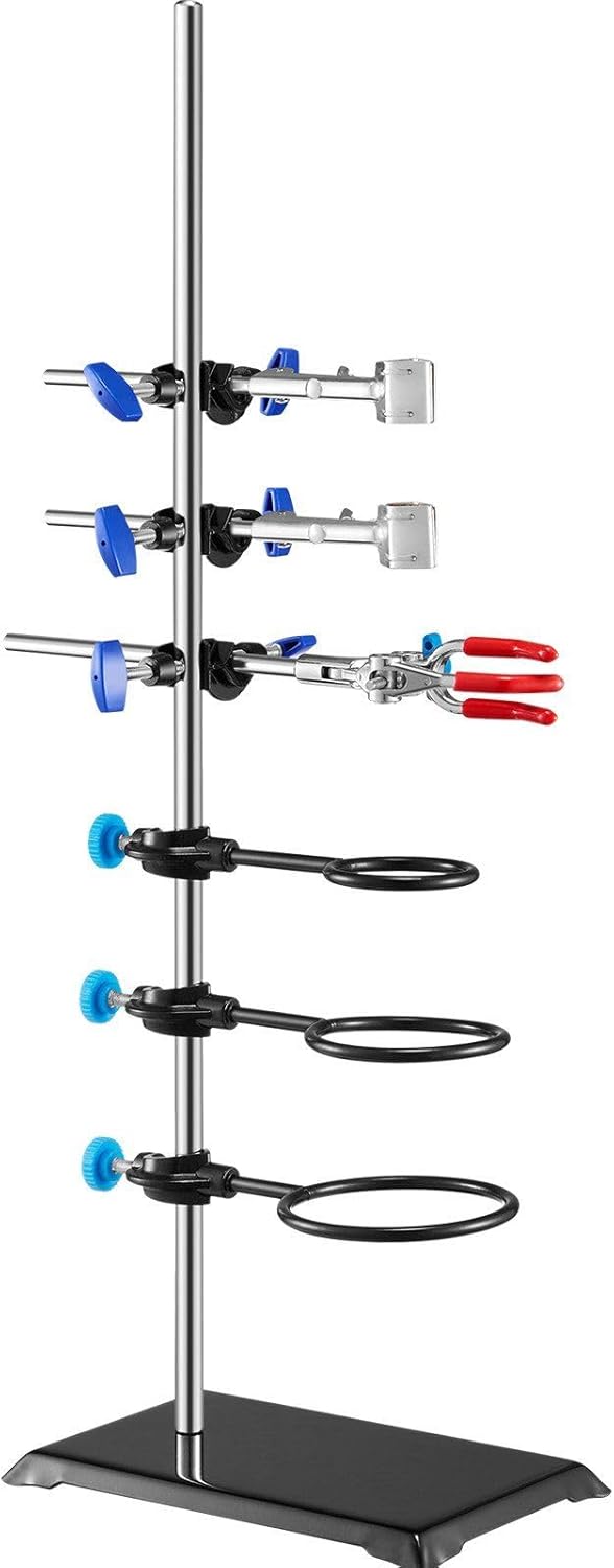 ZAVEROX Lab Retort Stand Support Set: 23.6" Stainless Steel Rod, 8.3x5.7" Cast Iron Base w/ Flask, Burette & Cross Clamps