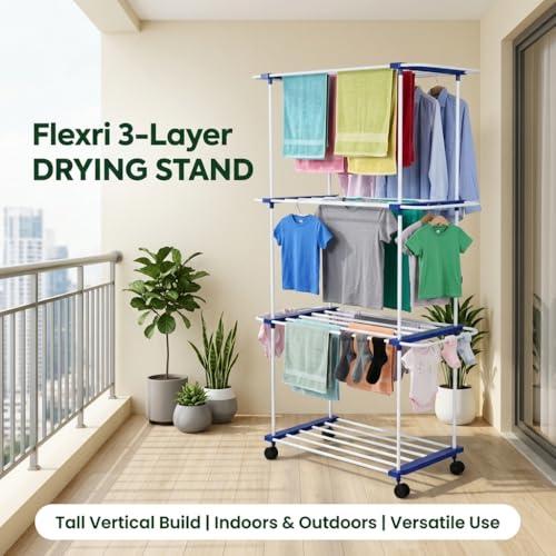 Image of FLIPZON Premium 3 Tier Flexri Cloth Drying Stand with Wheels | Alloy Steel Laundry Rack for Indoor & Outdoor Use | Heavy Duty Multi Layer Stand for Family Laundry (Blue & White)