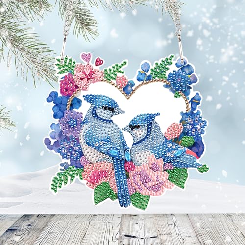 Image of AiYuanzsh Diamond Art Painting Ornament Flowers and Birds Blue Hanging Sign Set Diamond Art Hanging Wall Art DIY 5D Crystal Rhinestone Pendant Kits for Wall Door Window Decorations