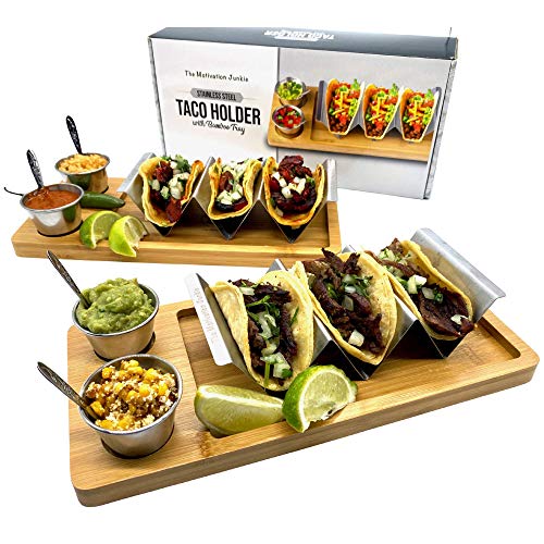 Stainless Steel Taco Stand Holder With Bamboo Tray - Set of 2 - Taco Tuesday With Four Sauce Holders and Four Spoons - Holds Up to 4-6 tacos - Stainless Steel Racks With Handles Oven & Grill Safe