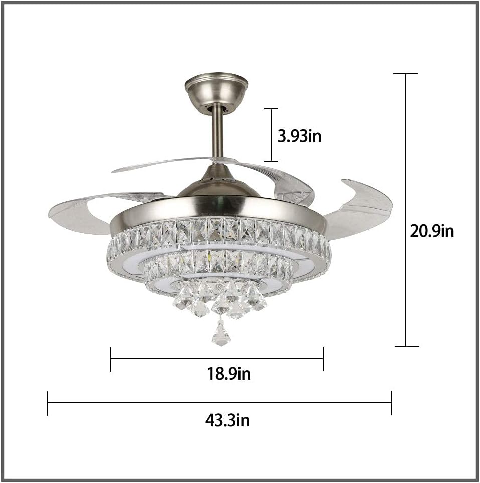 42'' Retractable Ceiling Fan with Remote, 2-Layers Crystal Modern Chandeliers with LED Light Kits 3-Color Bright Lighting for Decor Living Room/Bedroom