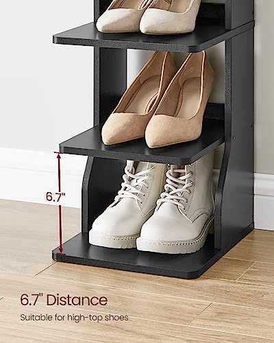 VASAGLE 7-Tier Vertical Shoe Rack, Narrow Shoe Storage Organizer with Hooks, Slim Corner Shoe Tower Rack, Space Saving for Entryway and Bedroom, Black ULBS200T16 - Image 4