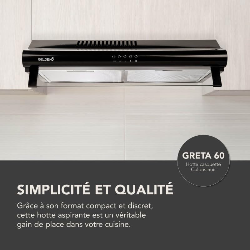 BELDEKO Hotte Casquette 60 cm Noir 240 m3/h + 2 Filtres - Marque Française