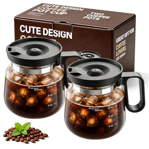 KTKTO 2 Pack Coffee Pot Mug, 16oz Tiny Brew Coffee Pot Coffee Mug, Thick Borosilicate Glass Mini Coffee Pot Mug with Lid for Iced Coffee, Cute Coffee Cup Gift for Coffee Lovers