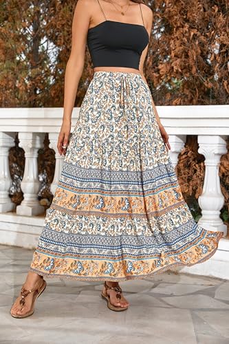 R.Vivimos Womens Summer Cotton Vintage Floral Print Boho Casual Ruffled Flowy Maxi Skirt2