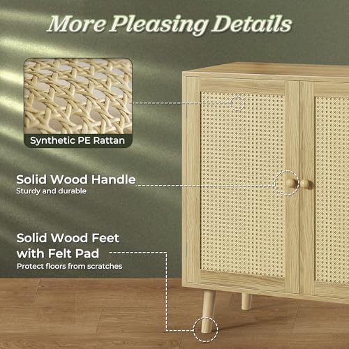 Huuger Buffet Cabinet with Storage, Storage Cabinet with PE Rattan Decor Doors, Accent Sideboard Buffet with Solid Wood Feet, for Hallway, Entry, Living Room, Natural - Image 8