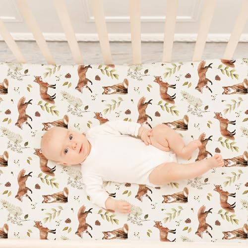 Image of BROLEX Baby Fitted Crib Sheets: Kid Crib Sheets - Set of 2 for Toddler Standard Size Crib Mattress for Boys and Girls - Jersey Knit Crib Bed Sheets Fox&Foliage