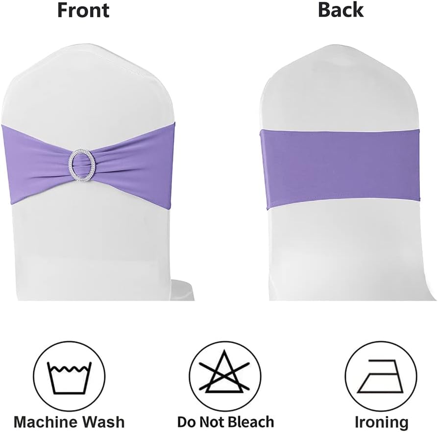Lavender Chair Sashes 50 Pack, Spandex Chair Bands with Buckles for Wedding Party, Elastic Chairs Bows for Birthday Decoration