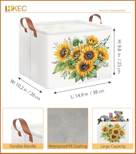 Rectangle Books Storage Basket,Gift Basket Empty with Handles,Cute Organizer Toy Bin,Room Decor(Sunflower)