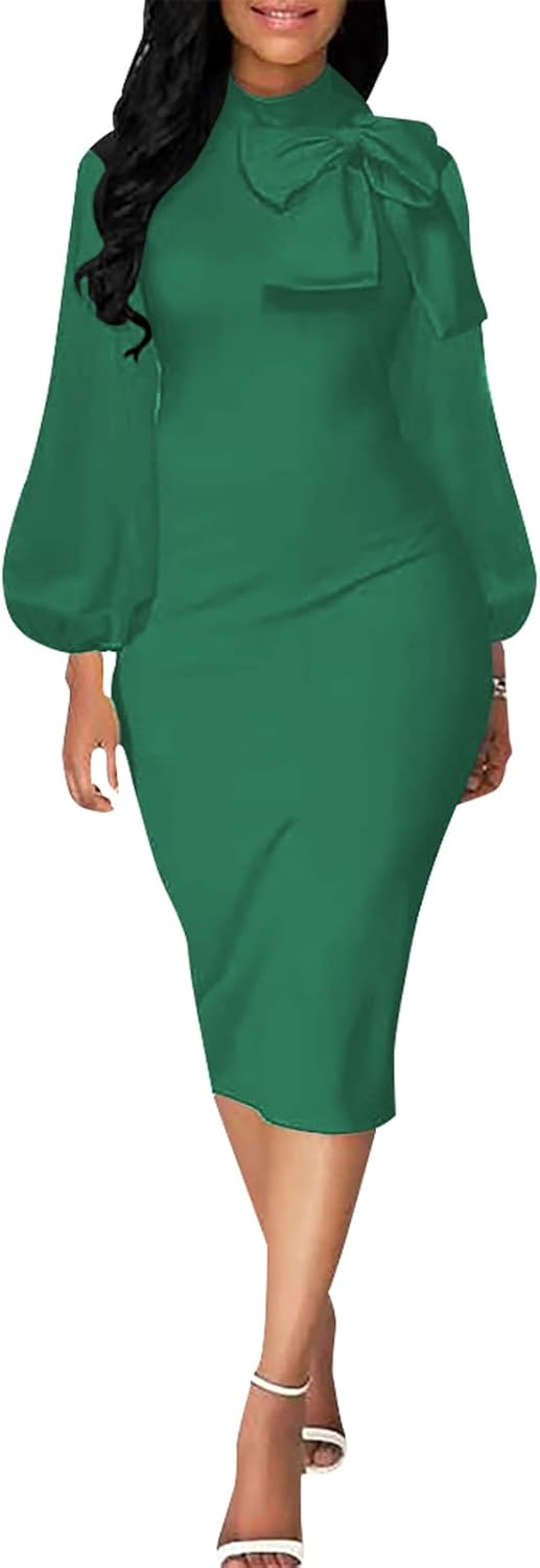 BestGirl Women's Bishop Sleeve Bodycon Dresses Work Casual Floral Print Pencil Midi Dresses