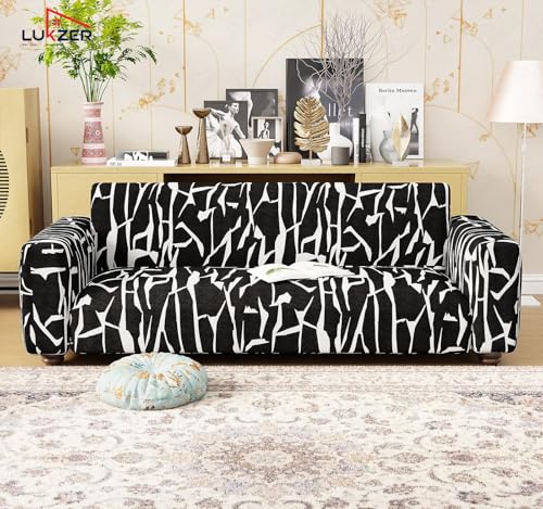 Image of Lukzer 4 Seater Black & White Design Universal Sofa Cover | 360 Fully Covered Anti-Slip Washable Couch Cover Protecter | 140 GSM Stretch Fit Polyester + Spandex Slipcover (230-300cm /SC-026-04)